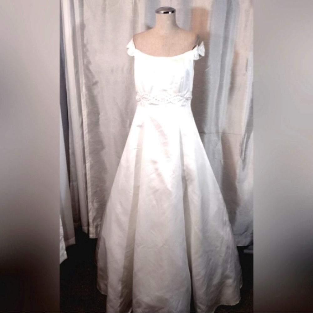 Monique A-line Wedding Dress, White, Satin Empire Waist, Lace Off-Shoulder, 10